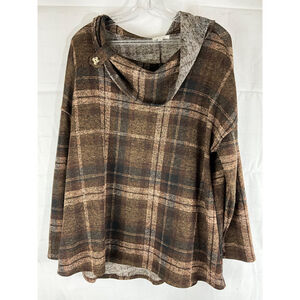 Ava James Plaid Cowl Neck Tunic Top Polyester Size 2X Brown Long Sleeve New